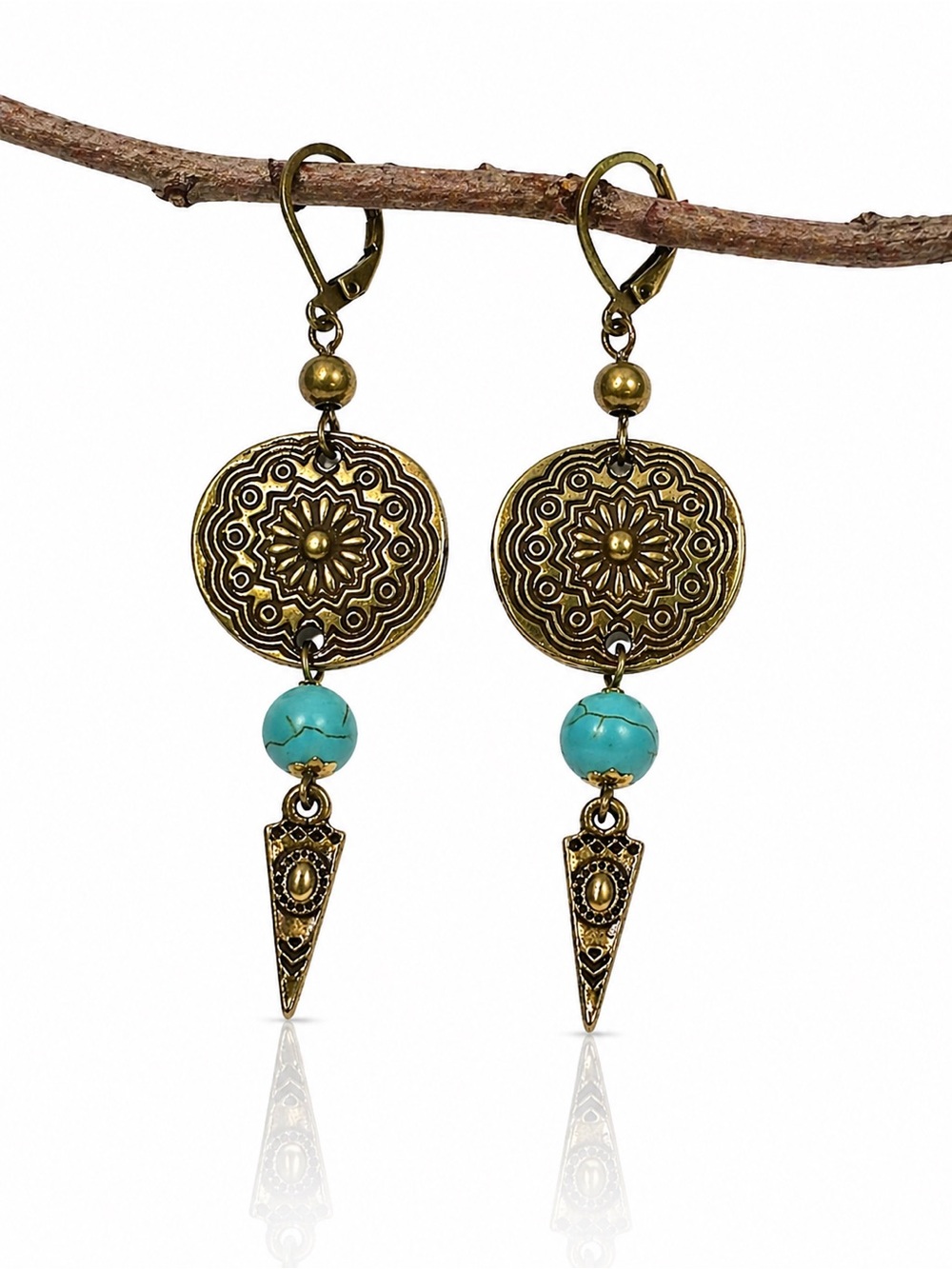 Boho Turquoise Dangle Earrings, Bronze Medallion Drop, 3” Earrings